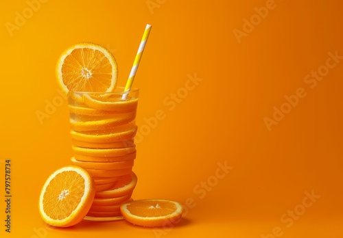 Summer vibe: stacked orange slices, straw on vibrant background. Fresh, creative, healthy diet concept. Organic tropical juice photo