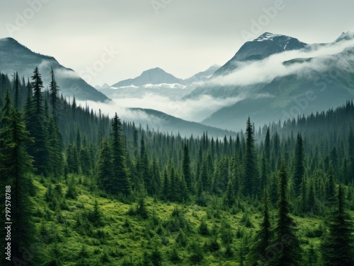 a forest with mountains in the background