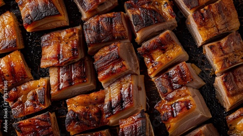 slices of grilled pork belly, arranged neatly with their crispy skin and tender meat on display. 