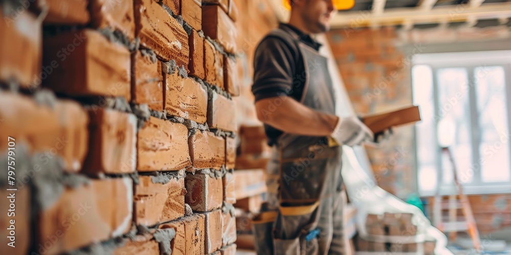 Fototapeta premium Latin Bricklayer in house under construction background, copy space