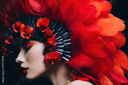 a woman with red makeup and red feathers