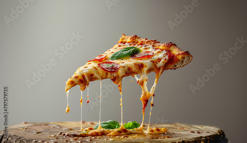 A slice of pizza with cheese dripping