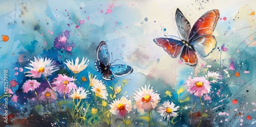Watercolor painting of two butterflies on daisies in the meadow © wanna