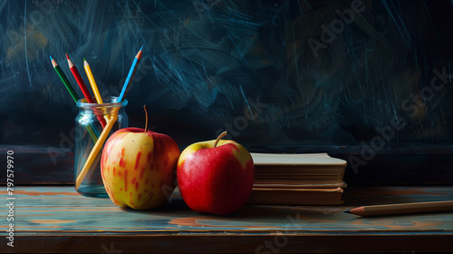 Apples and Pencils on Desk with Chalkboard in Education Setting photo
