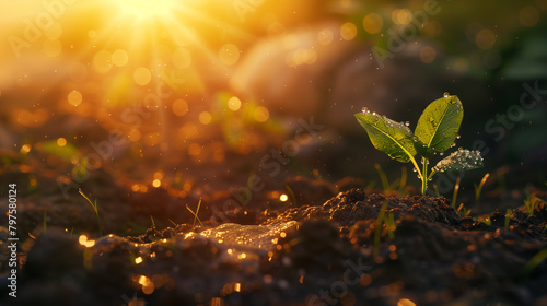 Sprouting Plant in Sunlight on Soil, Symbol of Growth and Ecology