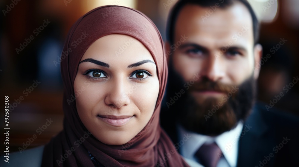a woman in a headscarf and a man in a suit
