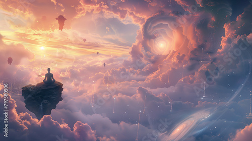 Surreal Floating Island with Chess Pieces in Dreamlike Sky photo