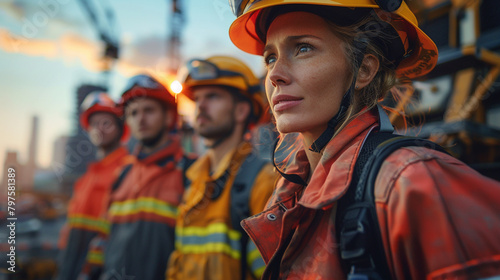 Close-up of diverse workers from various industries construction, manufacturing, and utilities all wearing safety helmets, gathered at a World Day for Safety and Health event, high-resolution, 8K photo