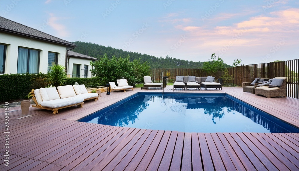 Photo of a luxurious backyard oasis with a sparkling pool and comfortable patio furniture