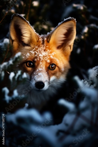 a fox with snow on its head