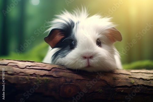 a guinea pig lying on a log