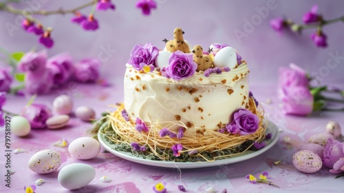 An Easter cake covered with white icing  decorated with quail eggs on a mossy background of solid purple color.