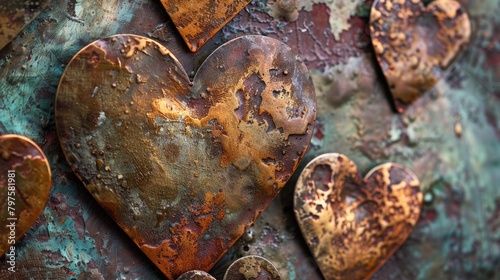Close up on metallic hearts with rusted textures