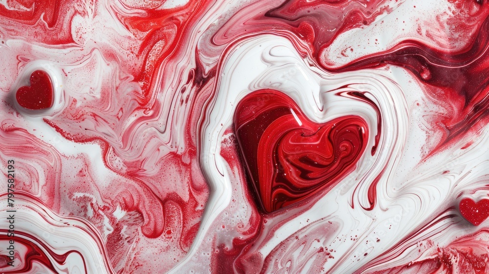 Swirling marble patterns in reds and whites with heart shapes Swirling marble patterns in reds and whites with heart shapes