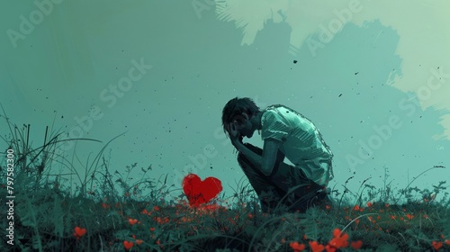 A person crouching down with his head in his hands. Expressing sadness or regret There is a red heart in the foreground. It is a symbol of love or heartbreak.