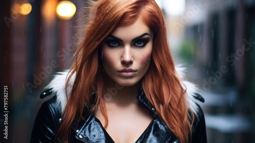 a woman with red hair and black makeup