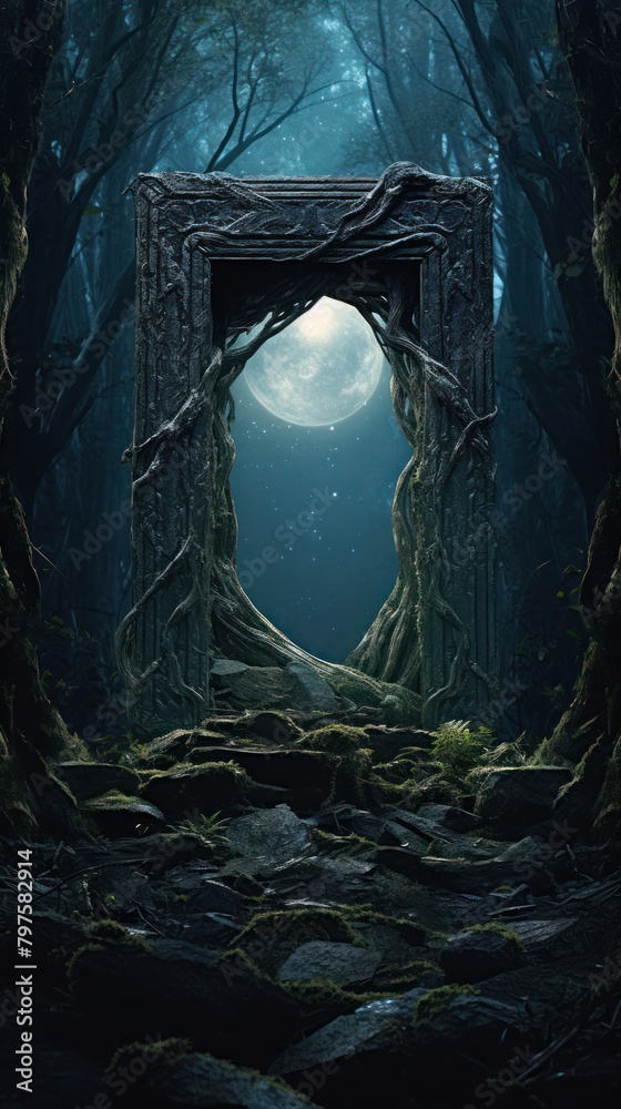 a doorway in a forest with vines and a moon