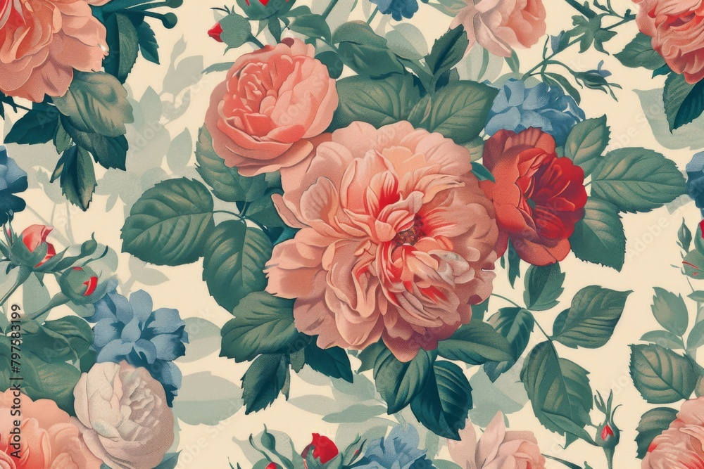 roses and peonies in pastel colors of pink, red, blue, green, cream and beige
