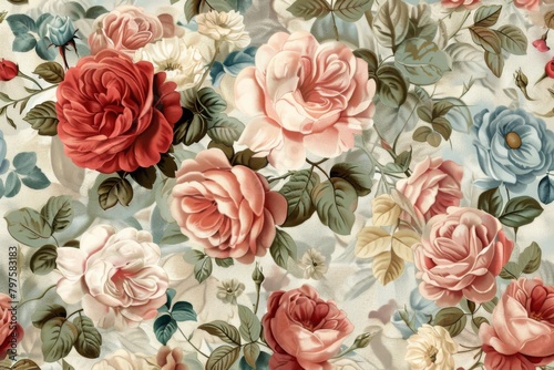 roses and peonies in pastel colors of pink, red, blue, green, cream and beige