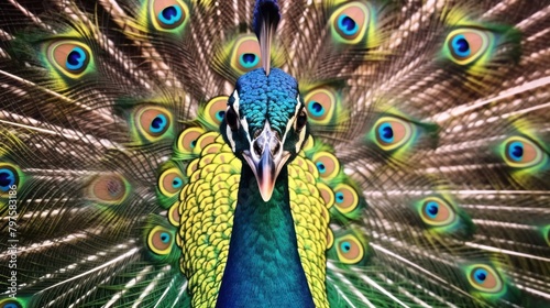 a peacock with its tail feathers out photo