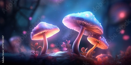 a group of mushrooms with pink and blue lights