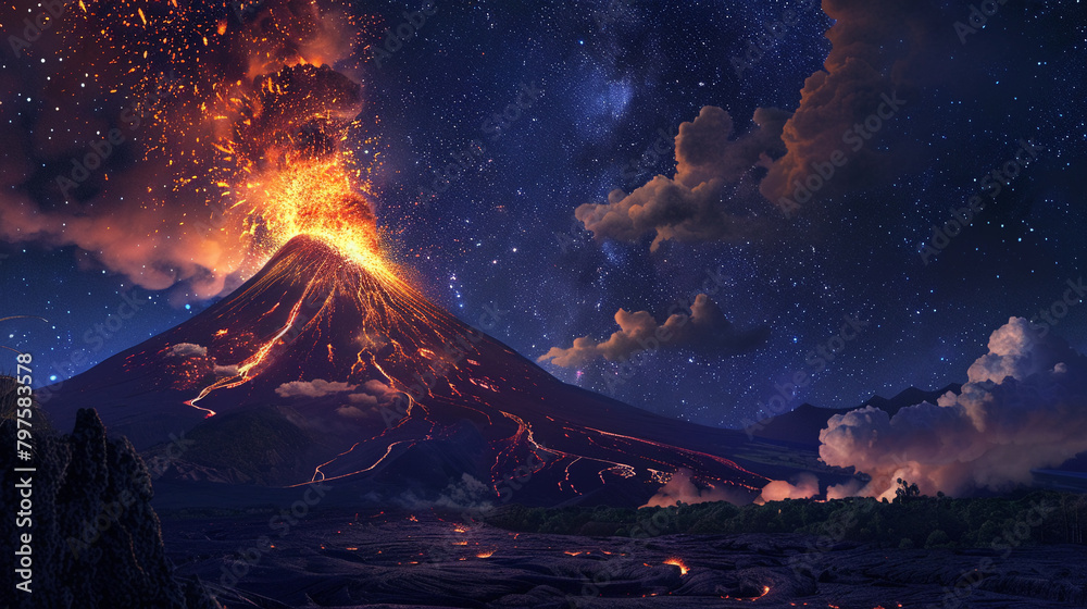 Dramatic portrayal of volcanic eruptions illuminating the night sky, a spectacle of nature's power and beauty