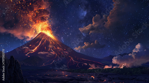 Dramatic portrayal of volcanic eruptions illuminating the night sky, a spectacle of nature's power and beauty photo