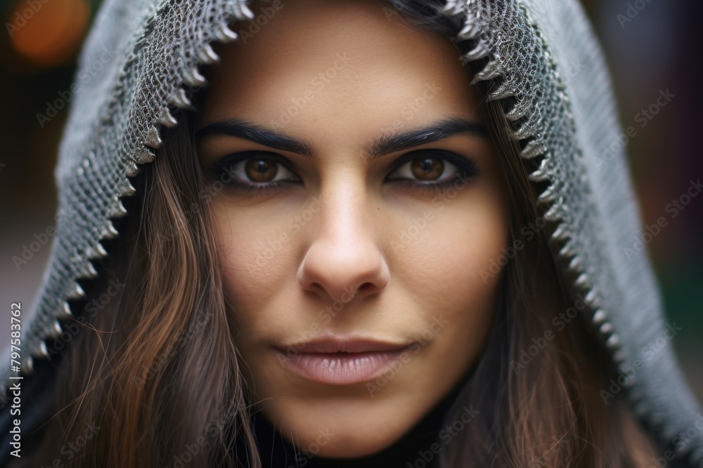 a woman with brown eyes and a hood a woman with brown eyes and a hood