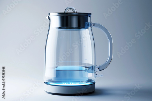 A minimalist glass electric kettle with blue LED illumination and a cordless design isolated on a solid white background.