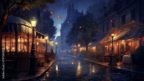 An enchanting nighttime scene of a bustling city street nestled between towering buildings, adorned with twinkling lights that transform the narrow space into a glowing valley.