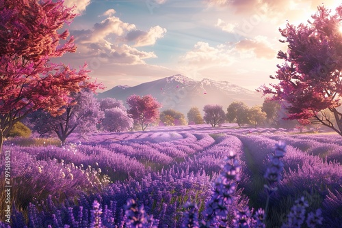 Lavender fields and blooming trees. 
