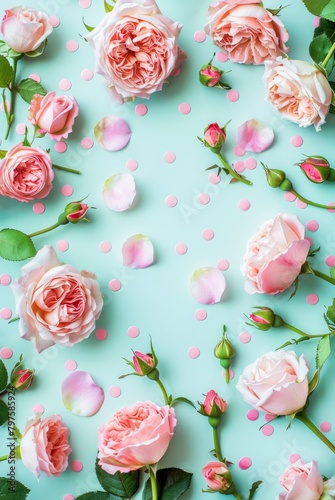 Scattered Pink Roses and Petals on Pastel Blue Background Capturing a Whimsical Floral Arrangement