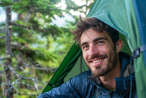 Man Smiling While Peering Out From a Green Tent in a Lush Forest at Dawn