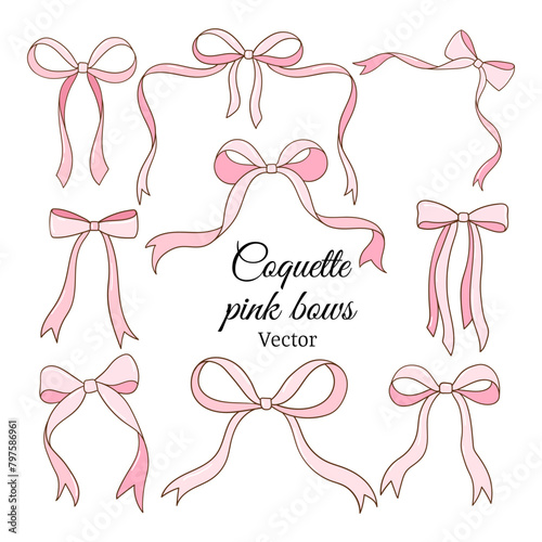 Draw collection cute coquette pink bow Solf girl Ribbon frame © anchalee