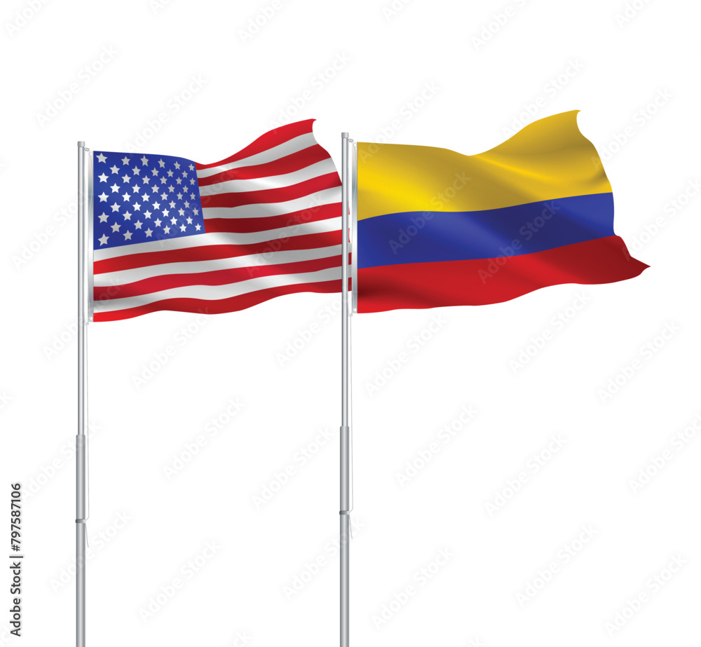 American and Colombian flags together.USA,Colombia flags on pole American and Colombian flags together.USA,Colombia flags on pole