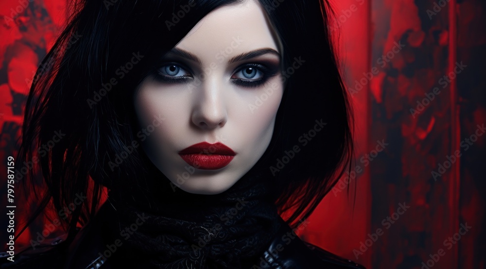 a woman with black hair and red lips a woman with black hair and red lips