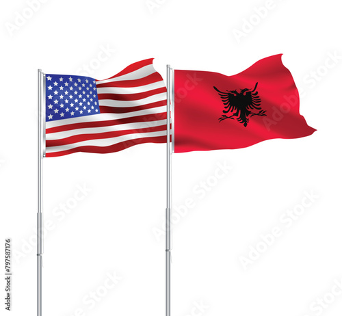 American and Albanian flags together.USA,Albania flags on pole photo