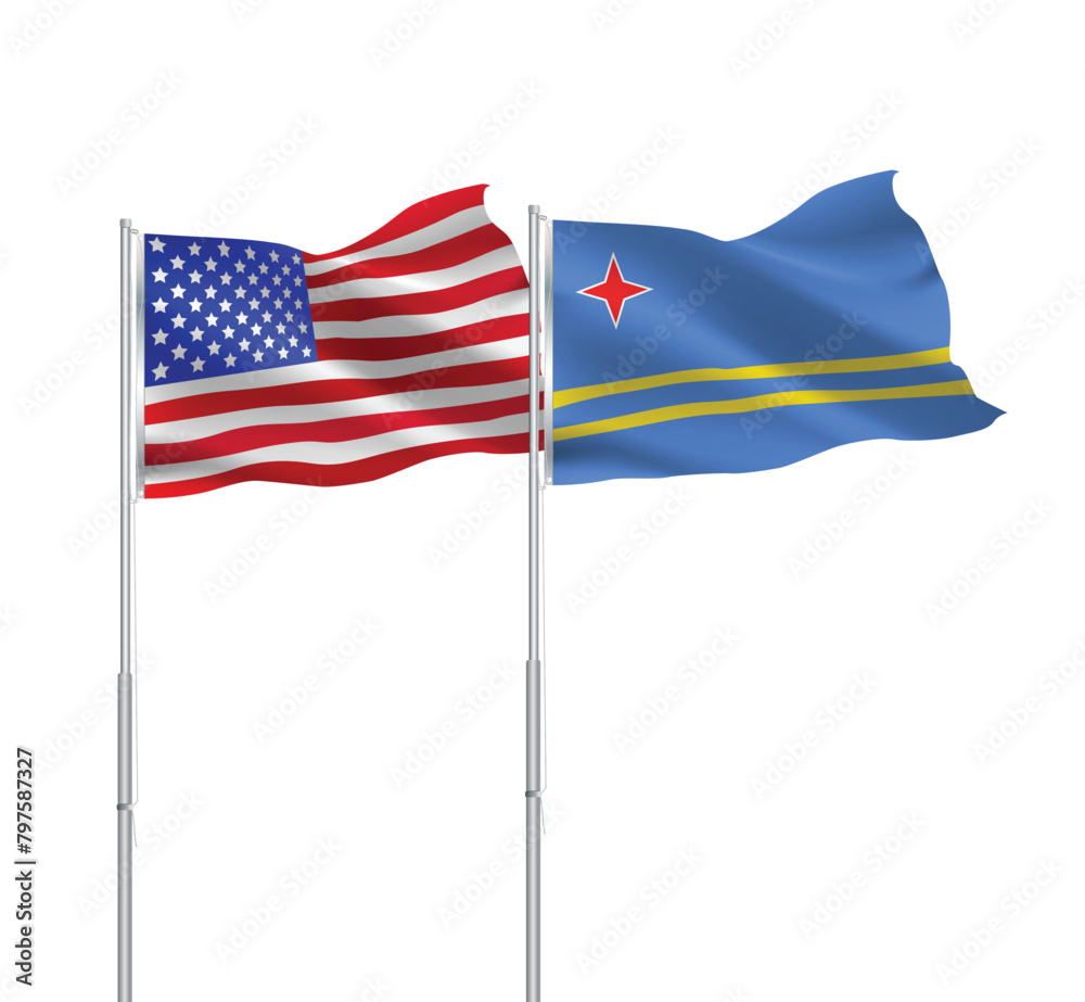 Obraz premium American and Aruba flags together.USA,Aruba flags on pole