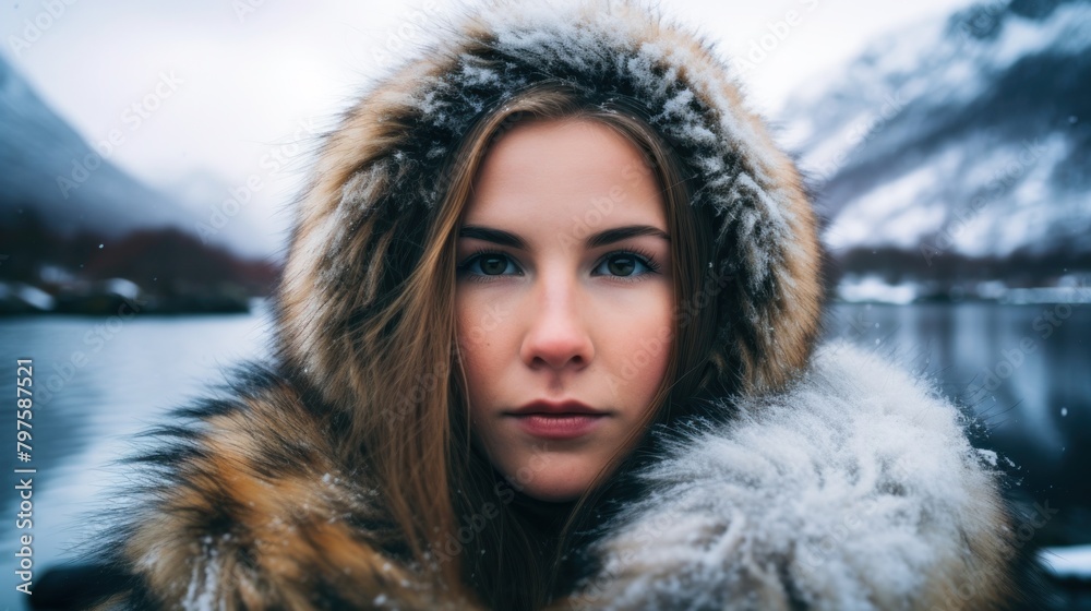 a woman wearing a fur hood