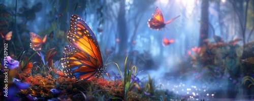 colorful fantasy butterflies in the foreground
