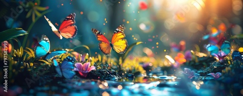 colorful fantasy butterflies in the foreground photo