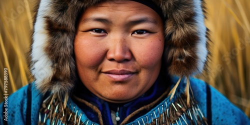 a close-up of a woman wearing a fur hat photo