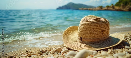 Straw hat on the beach close-up  summer background 