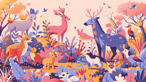 Enchanted Forest Wildlife Illustration with Colorful Fauna and Flora. Vector Illustration for prin, cards