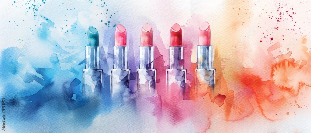 A vibrant watercolor painting of pastel-colored lipsticks, magazine-style layout, copy space on the side for text and branding.