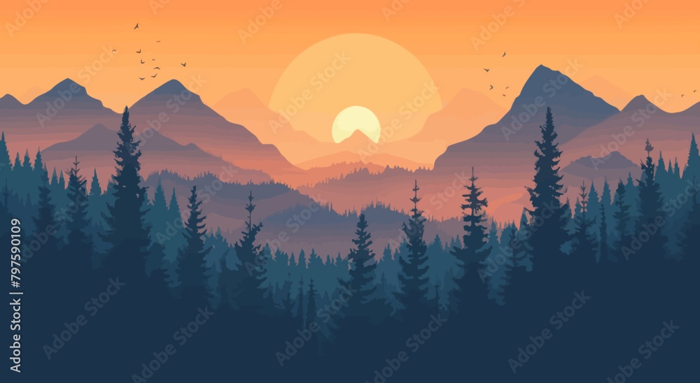 a painting of a sunset over a mountain range