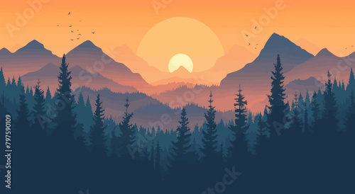 a painting of a sunset over a mountain range © Thuan