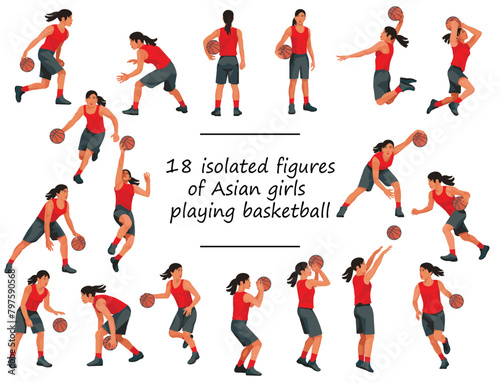 18 Asian women's basketball girl players in red jerseys standing with the ball, running, jumping, throwing, shooting, passing the ball