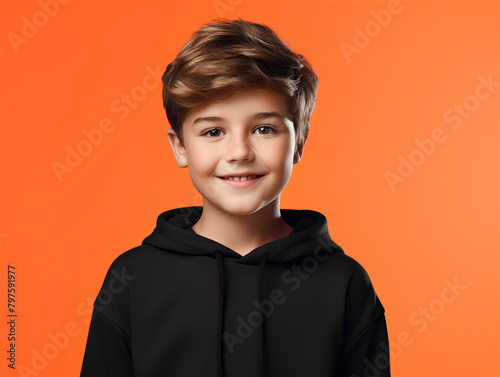 a young boy wear white T Shirt mockup on orange clean background