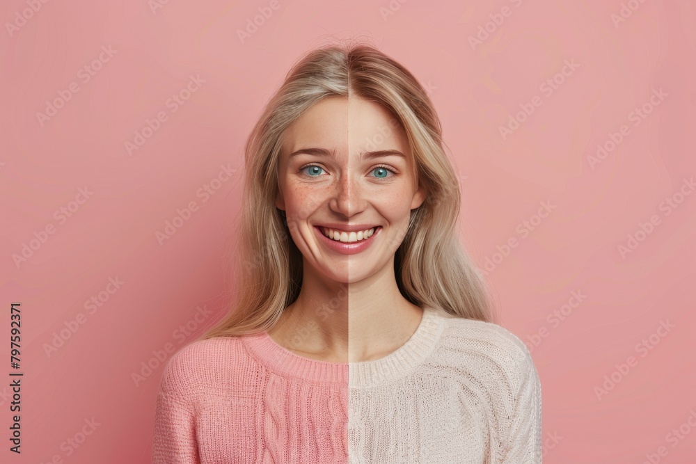 Side-by-side aging identity contrasts integrate beauty regimens with left half aging portraits, progressing aging journeys through skin renewal and right half discussions. Side-by-side aging identity contrasts integrate beauty regimens with left half aging portraits, progressing aging journeys through skin renewal and right half discussions.
